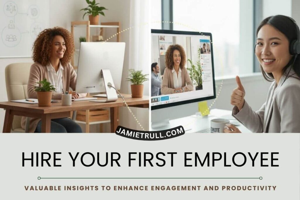 Two new employees connect virtually during an onboarding session. On the left, a smiling woman sits at her home office desk beside a sleeping dog, surrounded by plants and a whiteboard with the word “Welcome.” On the right, another professional gives a thumbs-up while holding a mug labeled “Remote Star,” showing strong job satisfaction. The computer screens display their video call as they review employment contracts and discuss next steps in their new roles, highlighting a positive, engaging start to the employee experience.