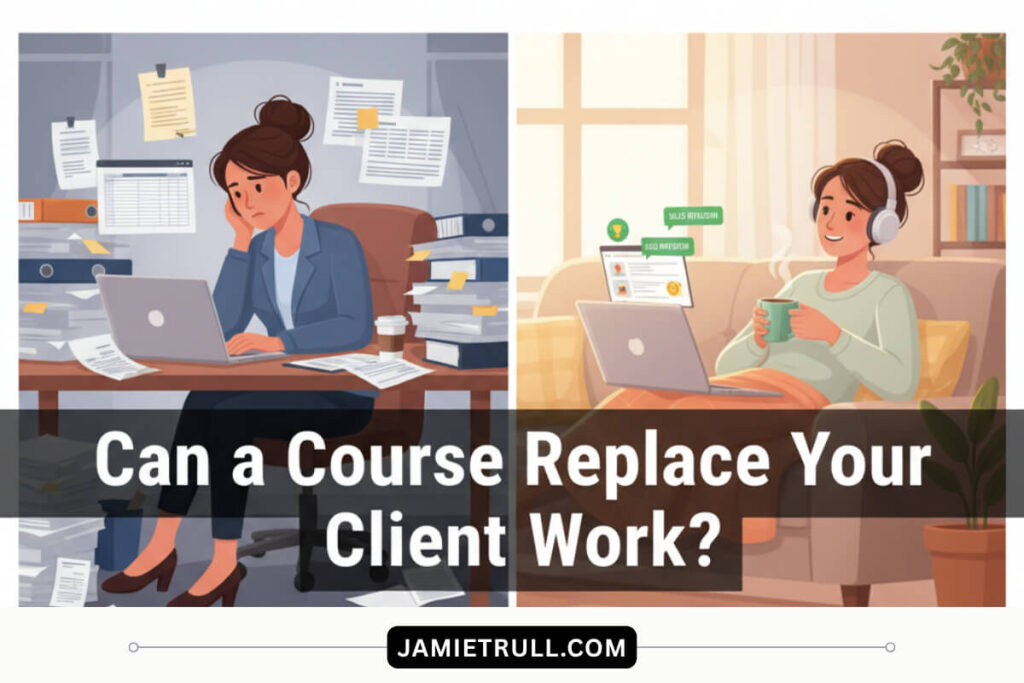 Illustration from jamietrull.com showing a woman shifting from client work to successful course and online course creation with focus on course price.