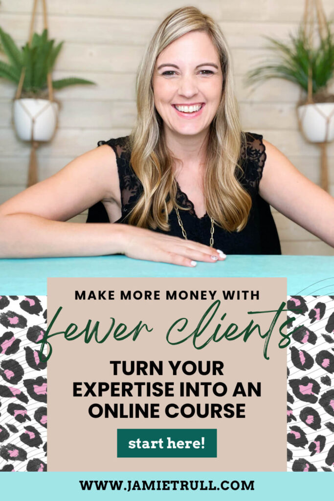 Jamie Trull smiles at jamietrull.com promoting how to turn expertise into an online course with clear course structure designed for the target audience.