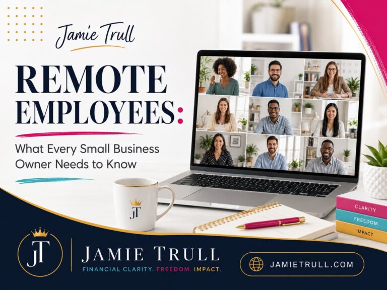 Laptop showing a remote team video call with Jamie Trull branding and the headline “Remote Employees: What Every Small Business Owner Needs to Know.”
