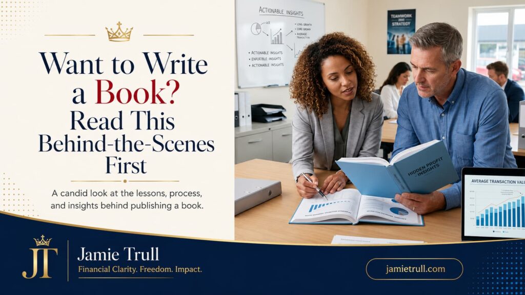 Jamie Trull branded blog header showing two business owners reviewing book strategy and financial data, with charts highlighting mix average transaction value and actionable insights.