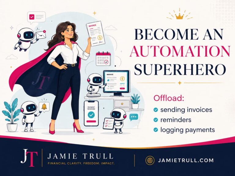 Illustrated blog header on JamieTrull.com showing a businesswoman superhero using automation tools to send invoices, reminders, and log payments.