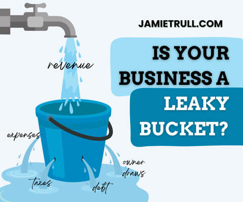 Illustration of a bucket filled with water labeled “revenue” leaking from multiple holes labeled expenses, taxes, debt, and owner draws, alongside the headline “Is Your Business a Leaky Bucket?” The graphic represents how a company’s financial health can suffer even with strong total revenue, net sales, or annual recurring revenue when too much money leaks out through unmanaged costs.