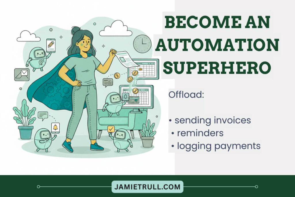 Illustration of a business owner dressed as a superhero surrounded by small robot helpers handling automated billing tasks, automatic payment reminders, and reducing manual processes like manual data entry. The robots manage invoices, alerts, and payment logging while the superhero stands confidently with digital screens showing money and invoices.