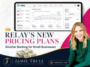 Blog header for Relay’s new pricing plans showing a banking dashboard, cash flow graphics, and Jamie Trull’s updated brand colors.