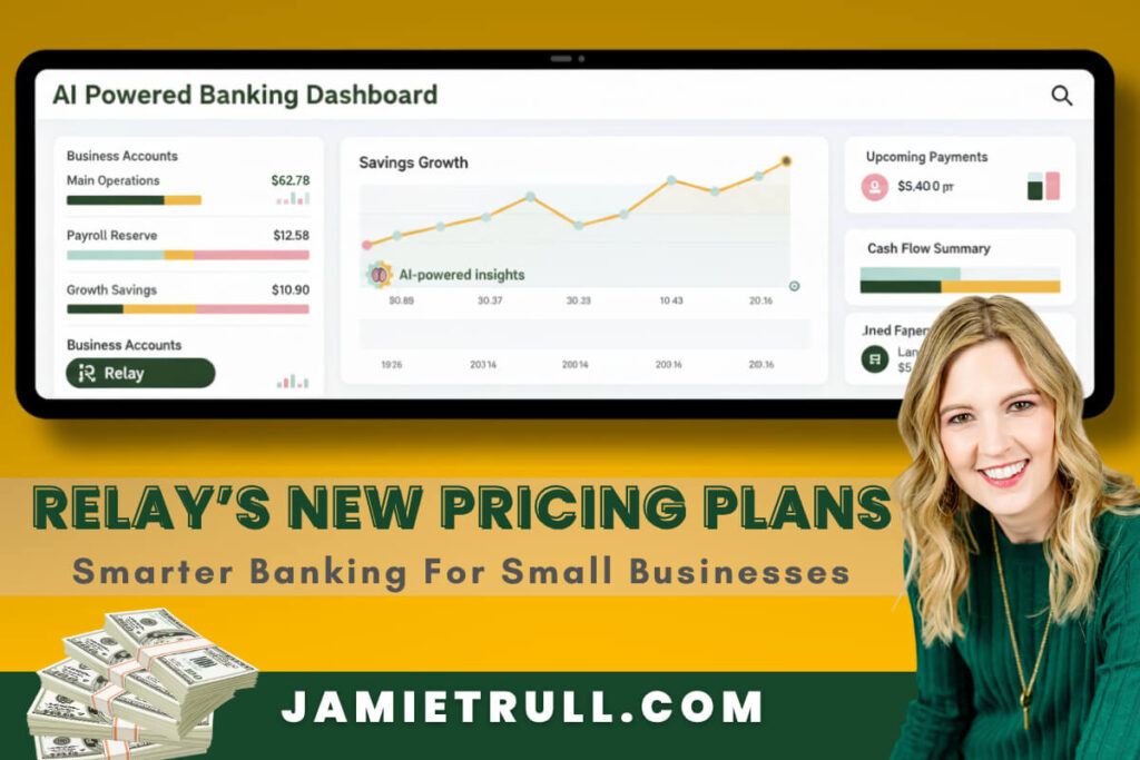 Jamie Trull presents Relay’s new pricing plans for small business owners with an AI-powered banking dashboard showing savings growth and shared workflows to help compare plans and choose smarter banking options.