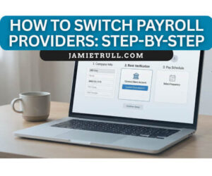 A laptop displaying payroll software setup screens used to manage employee data, handle tax filing and tax withholdings, and pay employees through an automated payroll system.
