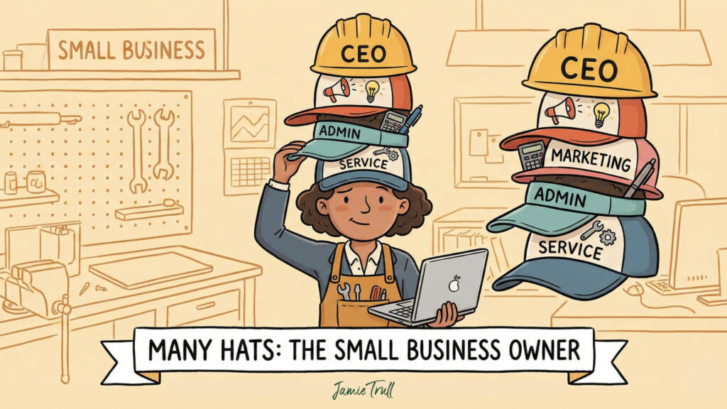 Illustration of a small business owner wearing many hats, showing tax benefits for S corporation owners when employee wages are properly allocated to avoid back payroll taxes.