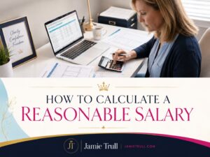 Blog header about how to calculate a reasonable salary, showing a business owner reviewing payroll documents and using a calculator in Jamie Trull’s brand colors.