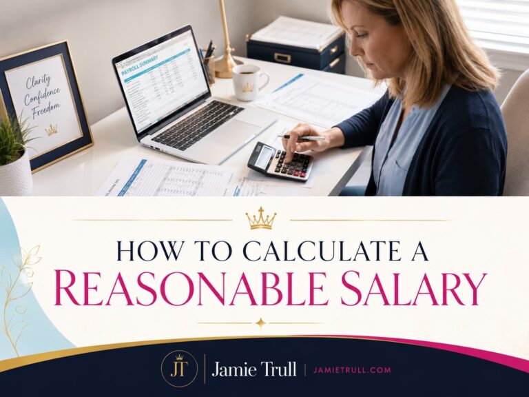 Blog header about how to calculate a reasonable salary, showing a business owner reviewing payroll documents and using a calculator in Jamie Trull’s brand colors.