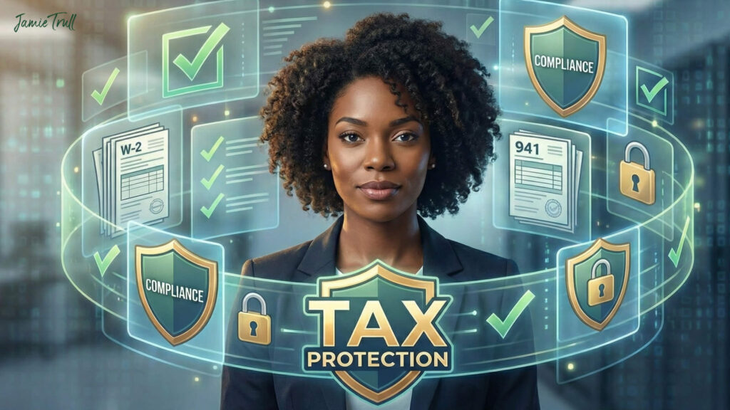 A visual illustration representing small business payroll, showing compliance and protection for basic payroll and local tax filings.