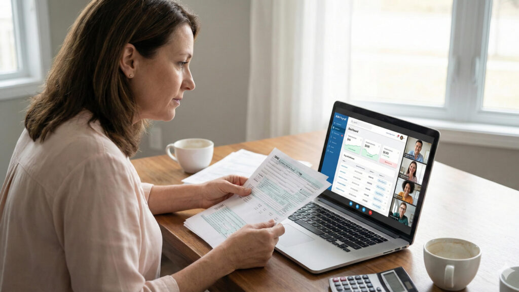 A small business owner reviewing contractor payments on a laptop while managing payroll software that supports unlimited pay runs.
