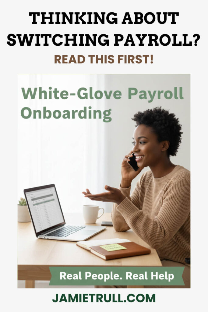 A small business owner speaking on the phone while viewing an employee portal on a laptop, reviewing payroll and scheduling tools during onboarding.