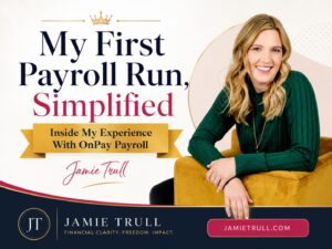 Blog header about Jamie Trull’s first payroll run using OnPay Payroll, featuring Jamie seated in a mustard chair with updated brand colors.