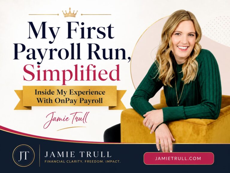 Blog header about Jamie Trull’s first payroll run using OnPay Payroll, featuring Jamie seated in a mustard chair with updated brand colors.