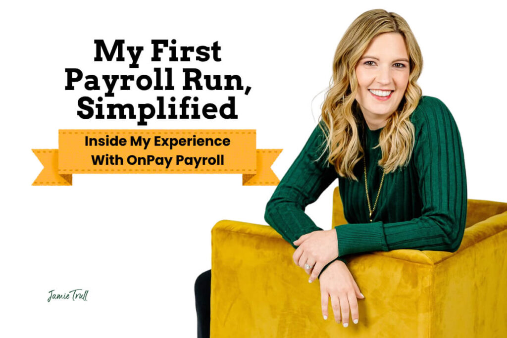 Jamie Trull seated in a home office, sharing her experience using a payroll service to pay employees.