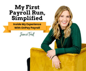 Jamie Trull seated in a home office, sharing her experience using a payroll service to pay employees.