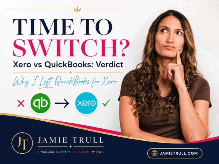Blog header for Xero vs QuickBooks showing a thoughtful woman considering switching from QuickBooks to Xero on JamieTrull.com.