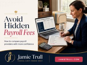 Business owner comparing payroll providers at JamieTrull.com and the headline “Avoid Hidden Payroll Fees.