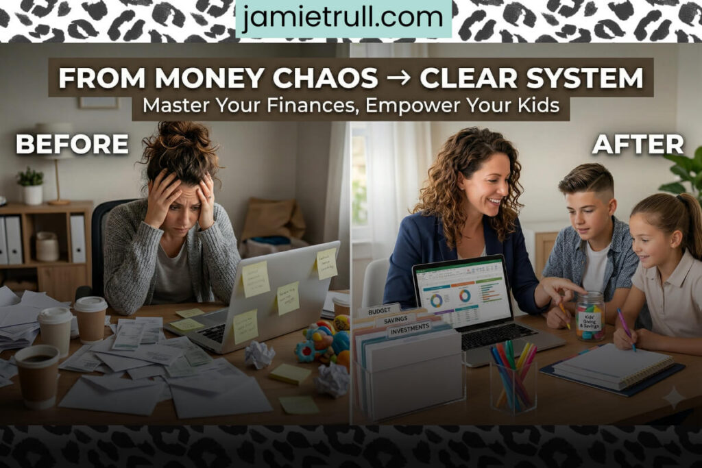 Split image of financial chaos vs organized system managing actual spending, regular monthly bills, and retirement accounts from JamieTrull.com.