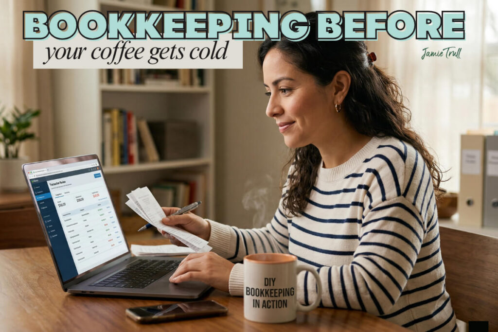 Small business owner doing DIY bookkeeping on a laptop, reviewing receipts to generate financial reports and maintain tax compliance, helping avoid poor financial management and stay organized.