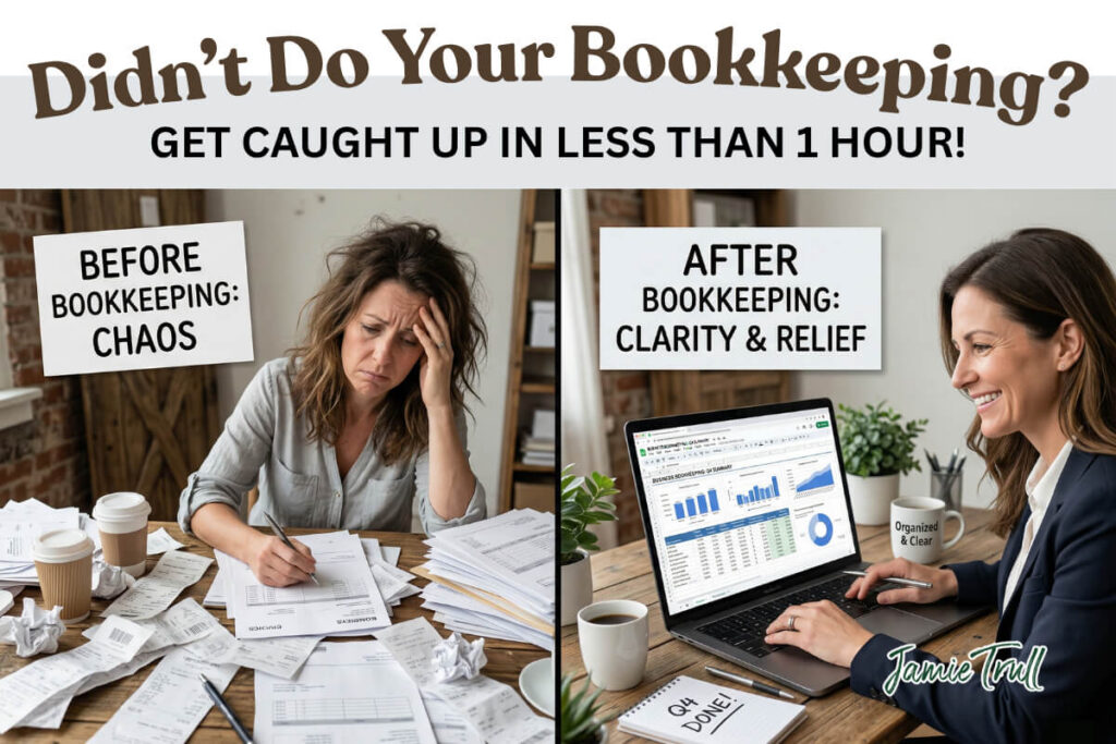 Before and after bookkeeping comparison showing a business owner overwhelmed by receipts and accounts payable bank and credit card records, contrasted with an organized workspace reviewing profit and loss statements on a laptop with clear financial reports and improved clarity.