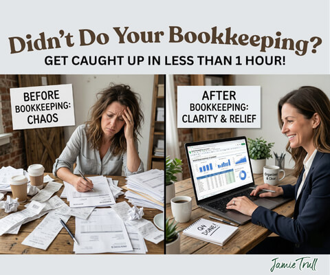 Before and after bookkeeping comparison showing a business owner overwhelmed by receipts and accounts payable bank and credit card records, contrasted with an organized workspace reviewing profit and loss statements on a laptop with clear financial reports and improved clarity.