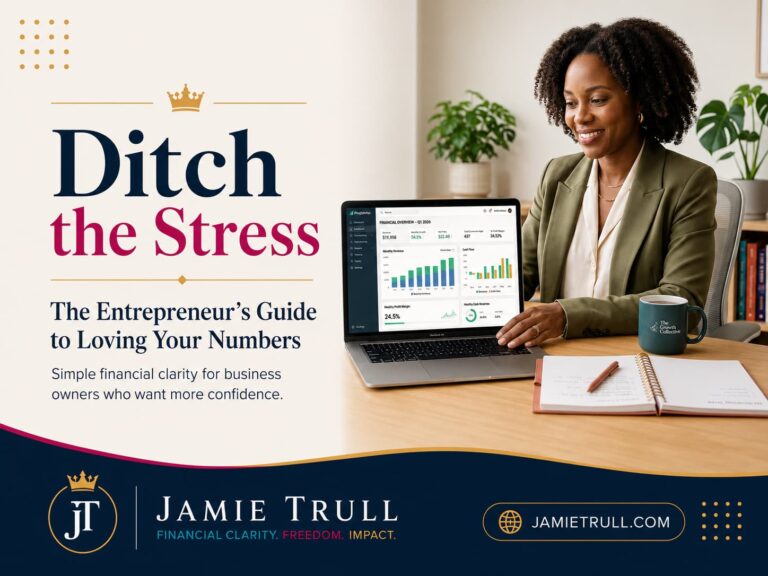 Business owner reviewing financial from Jamie Trull and the headline “Ditch the Stress.”