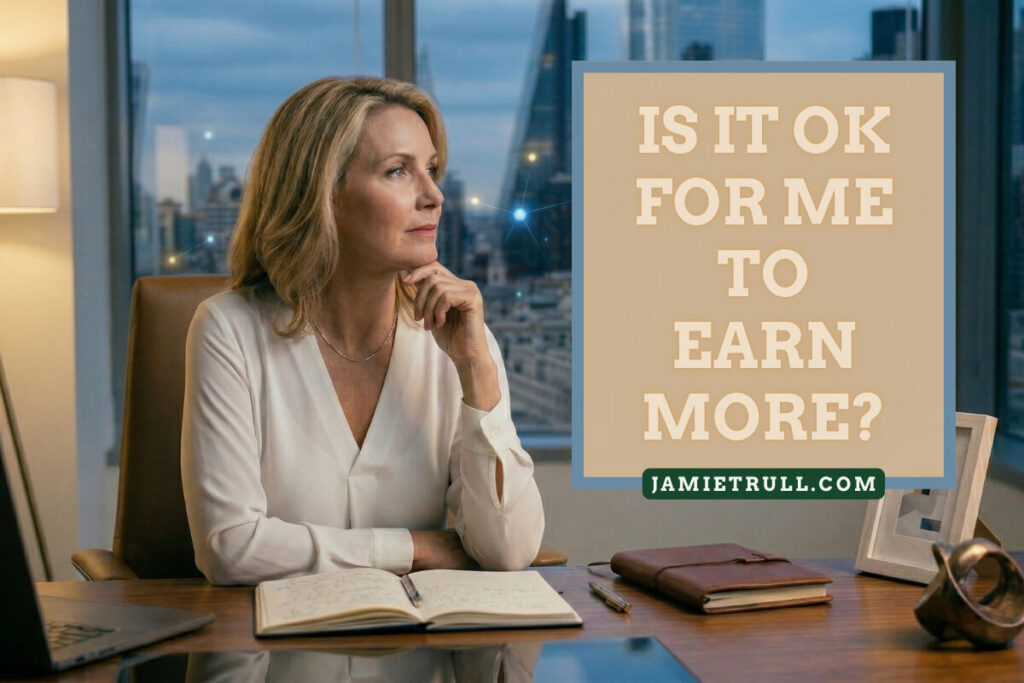 Thoughtful businesswoman sitting at a desk reviewing financial records, reflecting on keeping personal finances separate and strengthening risk management strategies (from JamieTrull.com).