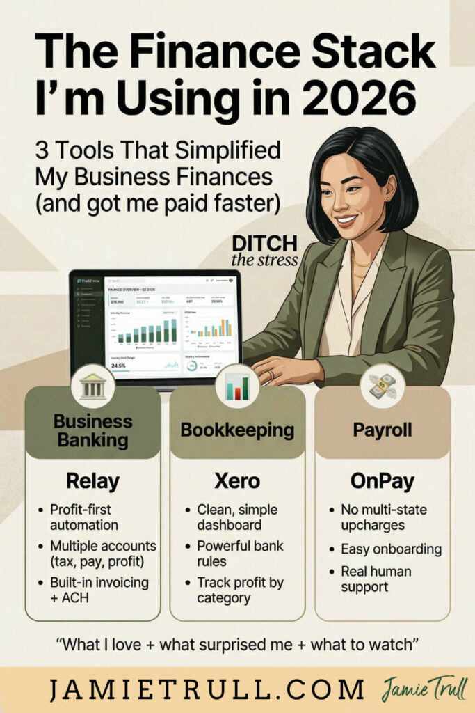 An infographic showing a woman and her 2026 finance stack. Lists Relay, Xero, and OnPay for small business owners to manage expense tracking and financial data. Needs an internet connection.