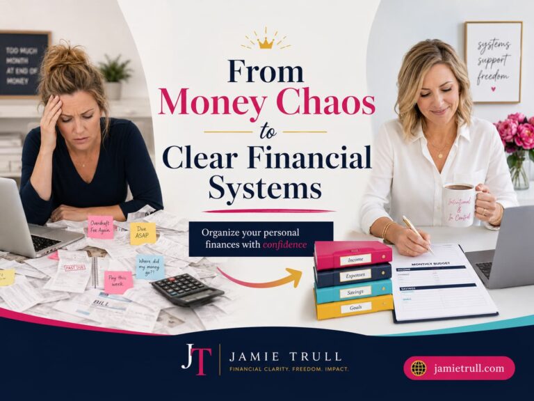 Blog header for JamieTrull.com, organizing personal finances, showing a shift from money chaos to clear financial systems using Jamie Trull’s updated brand colors.