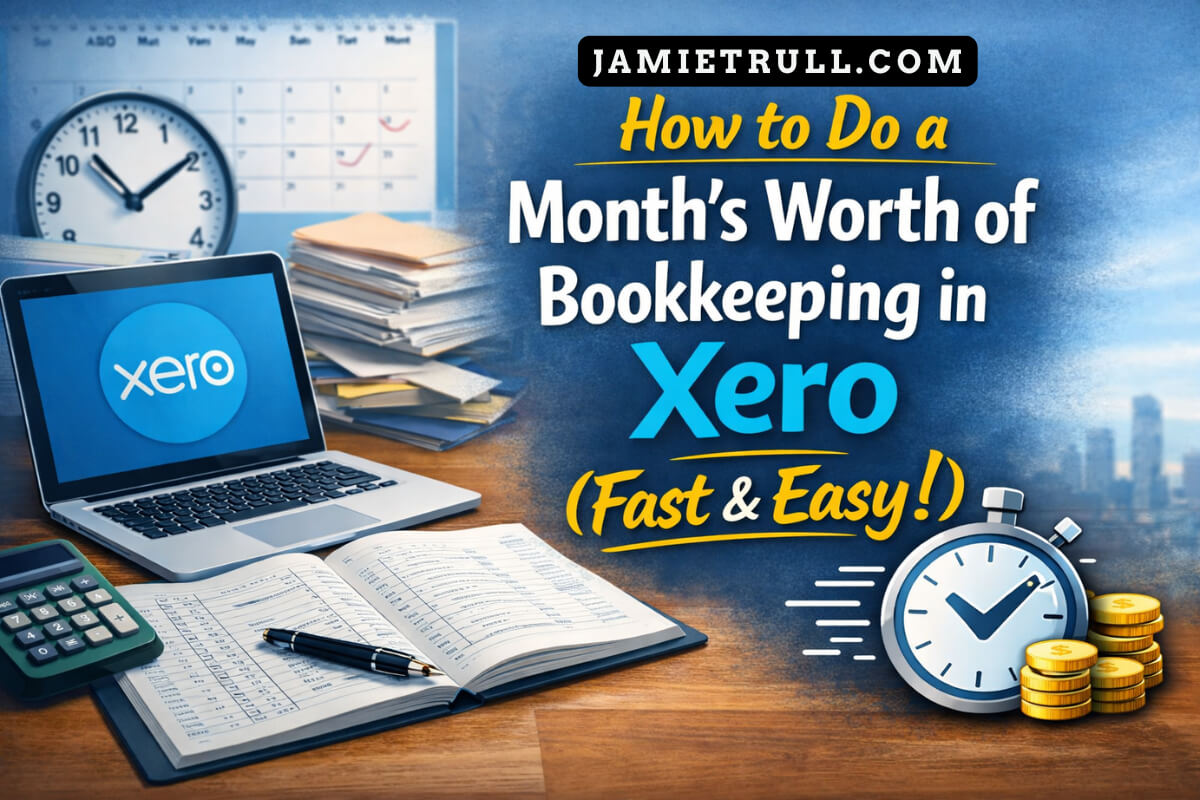 Laptop displaying cloud based accounting software dashboard for completing a month of bookkeeping in Xero, with a calculator, ledger, and calendar on a desk, symbolizing streamlined inventory management and reduced manual data entry for faster, easier financial organization.