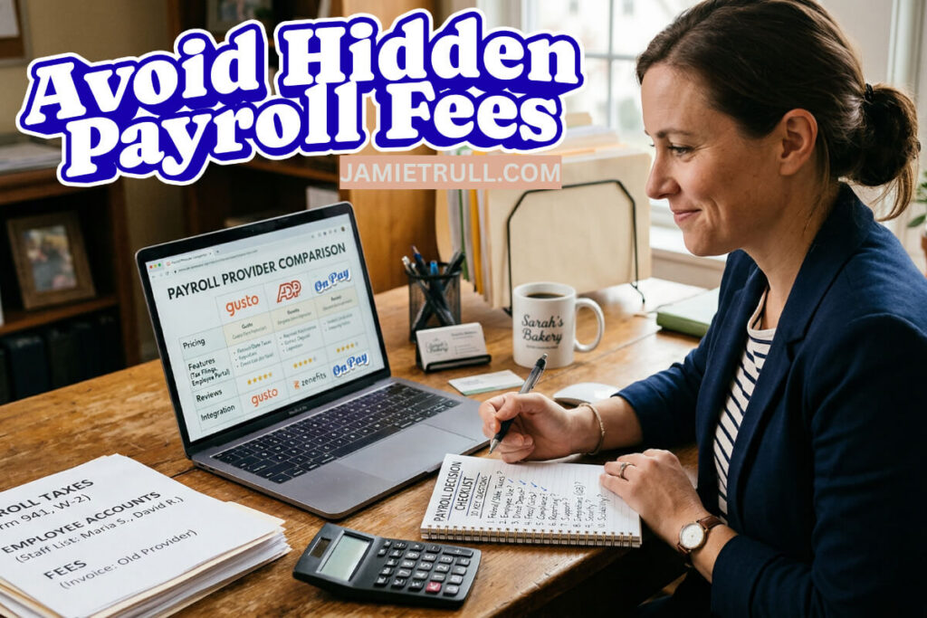 Small business owner using a payroll service to manage payroll, reviewing payroll software and notes on how many employees while comparing provider options (available at JamieTrull.com).