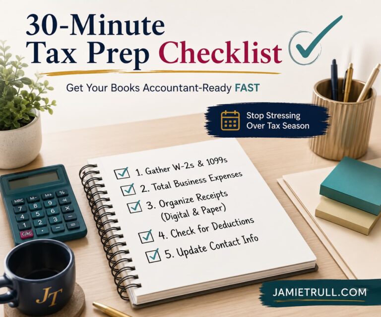 30-minute tax prep checklist on a desk with calculator, phone, and notebook showing steps to get books accountant-ready fast, highlighting unlimited bookkeeping records, organized bank transactions, and choosing the right accounting software to simplify small business finances from JamieTrull.com.