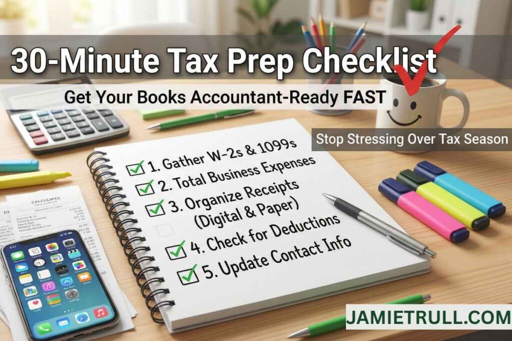 30-minute tax prep checklist on a desk with calculator, phone, and notebook showing steps to get books accountant-ready fast, highlighting unlimited bookkeeping records, organized bank transactions, and choosing the right accounting software to simplify small business finances from JamieTrull.com.