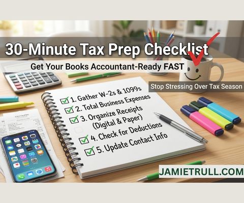 30-minute tax prep checklist on a desk with calculator, phone, and notebook showing steps to get books accountant-ready fast, highlighting unlimited bookkeeping records, organized bank transactions, and choosing the right accounting software to simplify small business finances from JamieTrull.com.