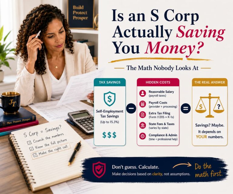Small business owner comparing LLC options and s corp status, with documents representing pay federal income tax, s corp tax status, and limited liability protection