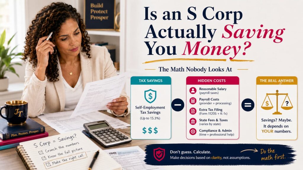 Small business owner comparing LLC options and s corp status, with documents representing pay federal income tax, s corp tax status, and limited liability protection