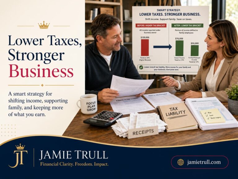 Tax strategy consultation showing income shifting to lower tax brackets, helping business owners reduce social security and medicare taxes while supporting family and lowering overall tax liability.