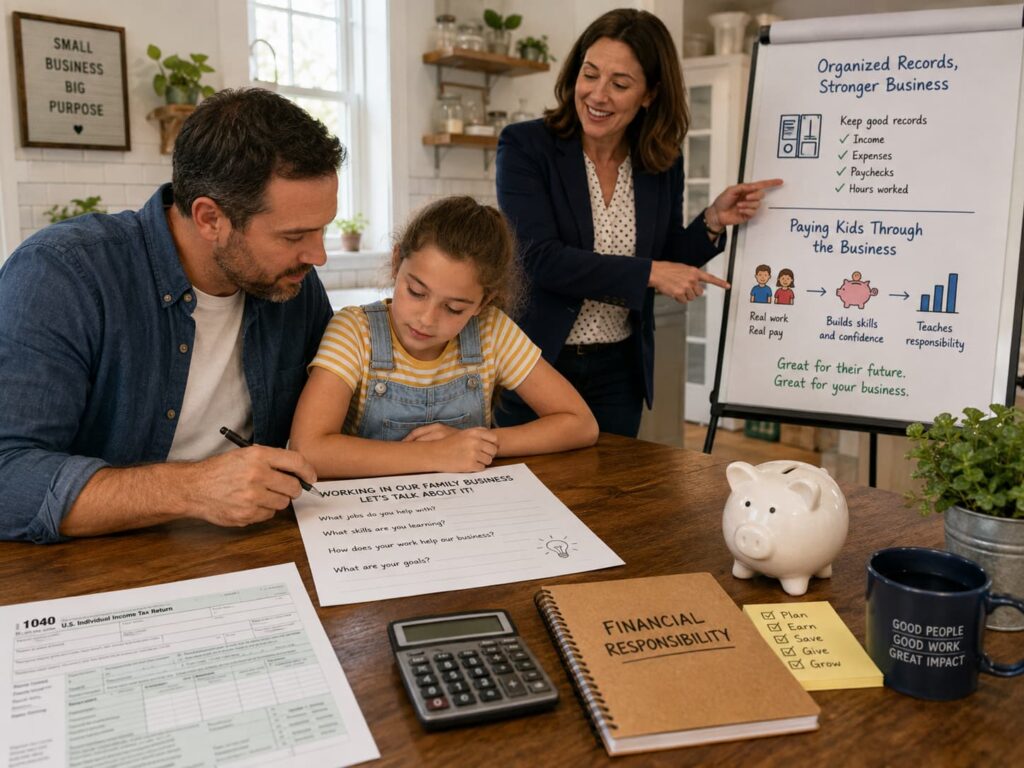 Parent and child reviewing IRS forms with a tax advisor to learn about gross income, family employees, and financial responsibility.