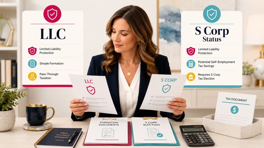 Small business owner reviewing corporation tax status, separate legal entity rules, double taxation, operating agreement documents, tax purposes, and qualified business income.