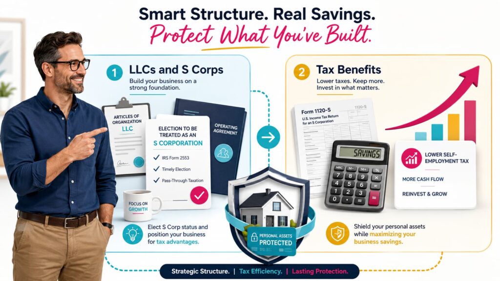 LLC business owner reviewing S corp election tax benefits, business structure options, and personal assets protection.