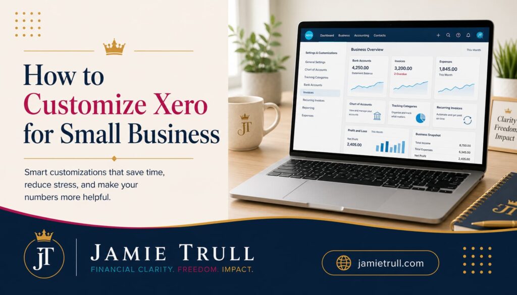 Jamie Trull branded blog header showing a customized Xero dashboard on a laptop, highlighting small business accounting features like bank reconciliation, bank transactions, invoices, expenses, and financial reporting.