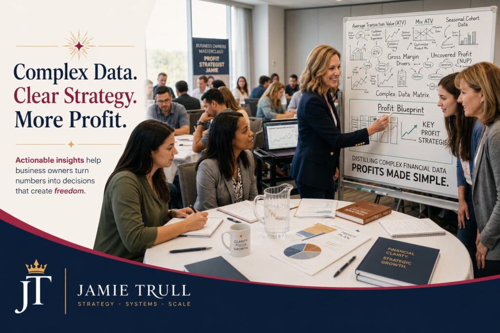 Workshop scene with Jamie Trull leading a strategy session at a whiteboard, showing how too many business owners need help to distill complex financial data into clear action, with profit strategist and CPA Jamie guiding attendees toward better profit decisions.