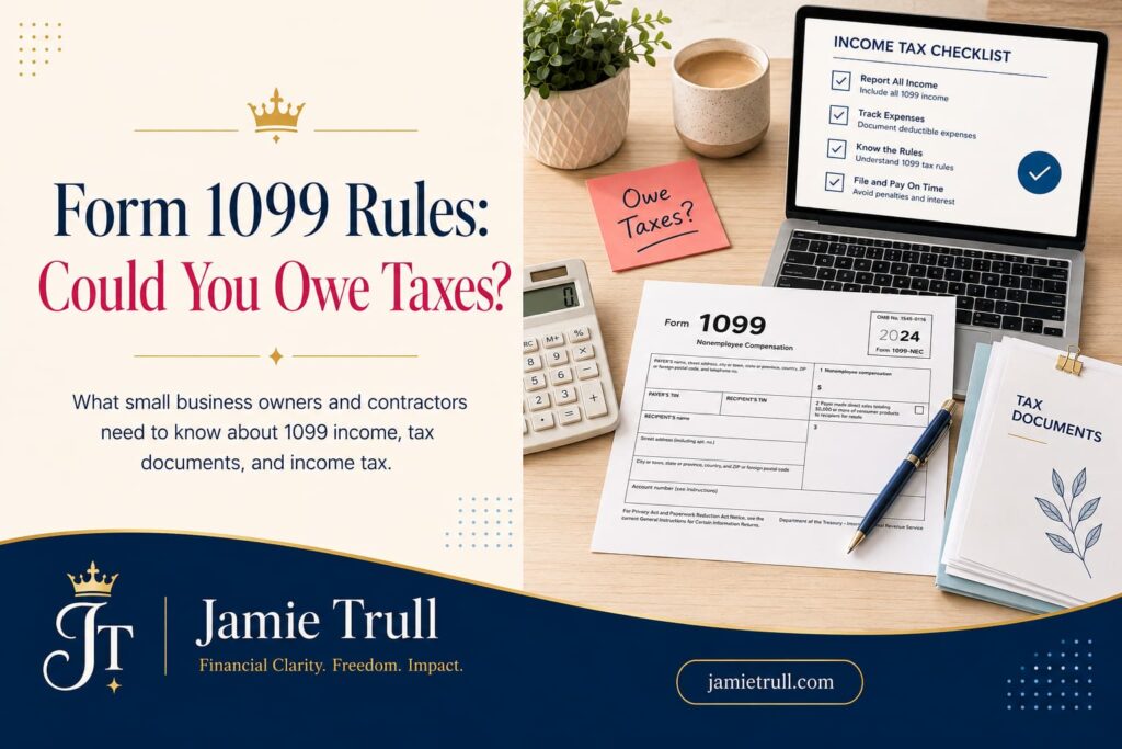 Jamie Trull branded blog header showing a Form 1099, tax documents, calculator, and income tax checklist for business owners who receive income, make cash paid payments, or need to understand 1099 misc rules.