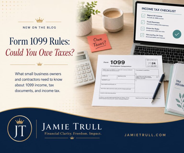 Jamie Trull branded blog header showing a Form 1099, tax documents, calculator, and income tax checklist for business owners who receive income, make cash paid payments, or need to understand 1099 misc rules.