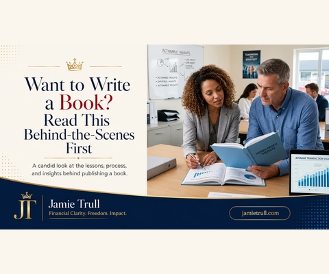 Jamie Trull branded blog header showing two business owners reviewing book strategy and financial data, with charts highlighting mix average transaction value and actionable insights.