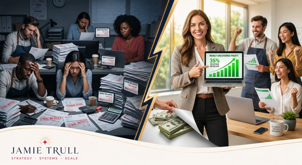 newly-uncovered-profit, A wide-format image illustrating the journey 'From Debt to Daylight' for business owners. The left side, representing the burden of credit card bills, shows many business owners in a dark, stressed office surrounded by stacks of overdue financial notices. The right side features a confident profit strategist pointing to a laptop displaying a 'Newly Uncovered Profit' graph, helping the same owners celebrate as they finally break free from debt into a bright, successful future.