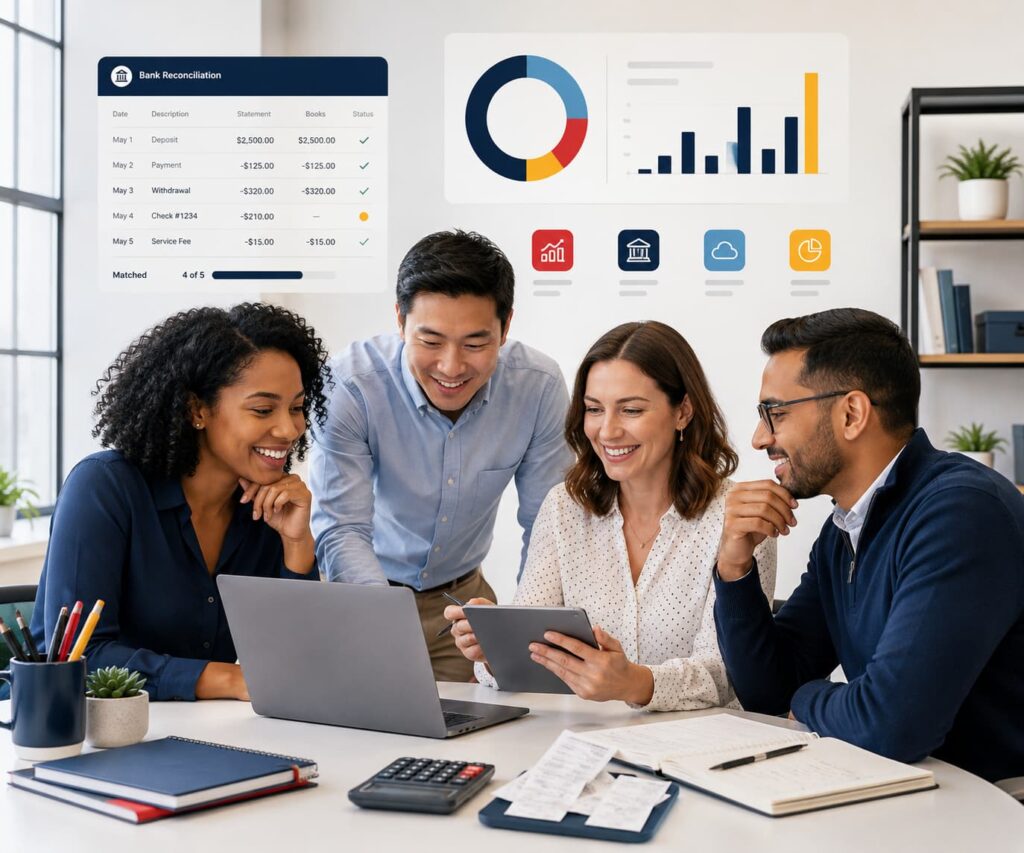 Diverse team collaborating around accounting software dashboards, using accounting tools for bank reconciliation and choosing the right accounting solution for small business finances.