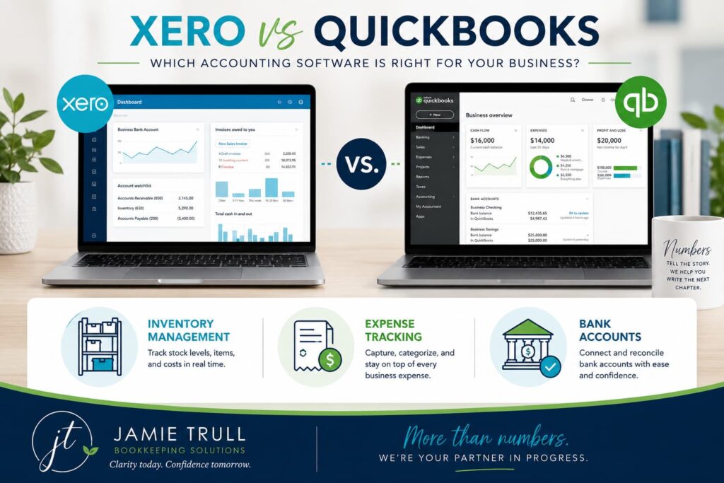 Comparison graphic of Xero vs QuickBooks accounting software showing dashboard features for inventory management, expense tracking, and connected bank accounts for small business bookkeeping.